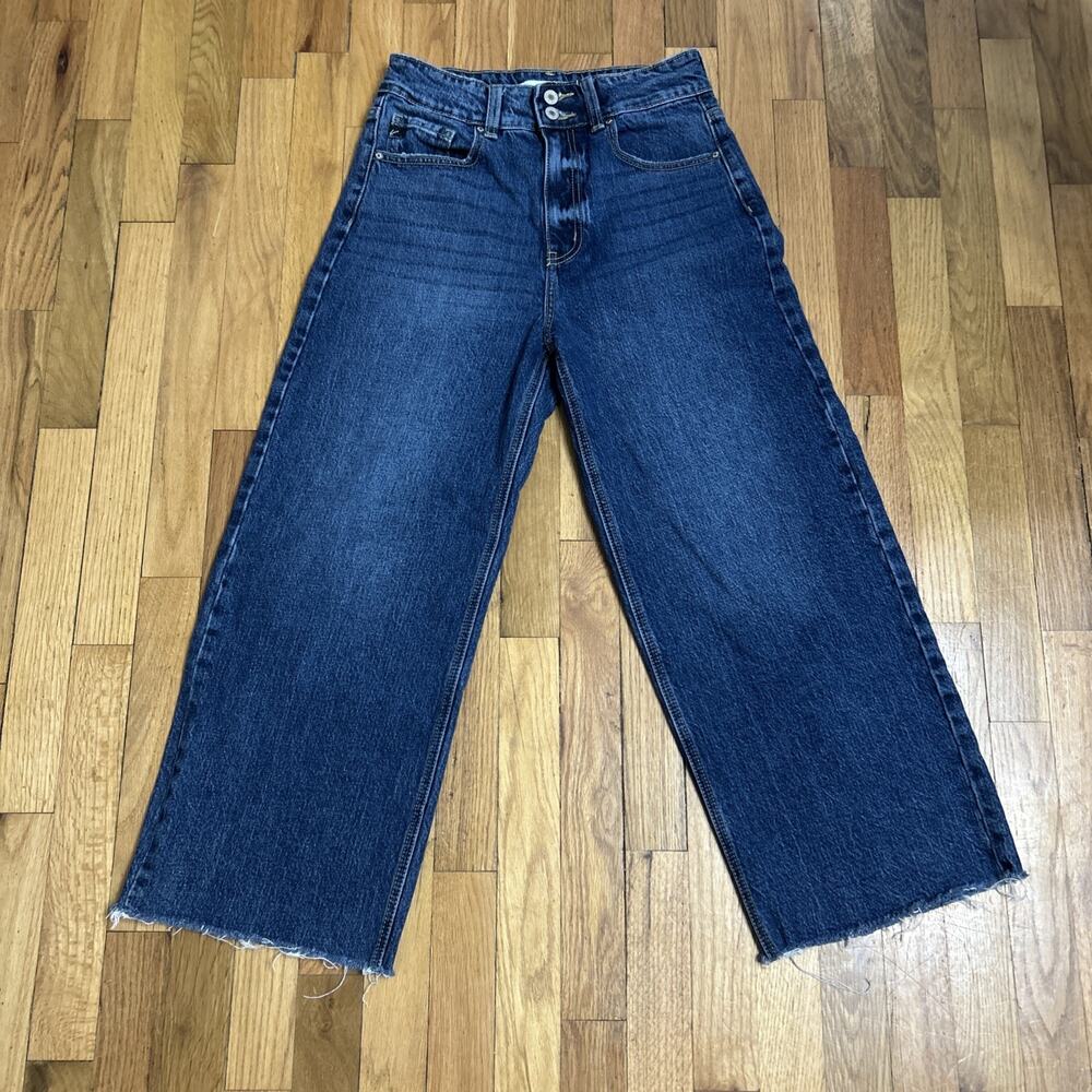 KanCan Womens 5/26 Wide Leg Jeans Raw Hem High Rise Cropped Blue Denim